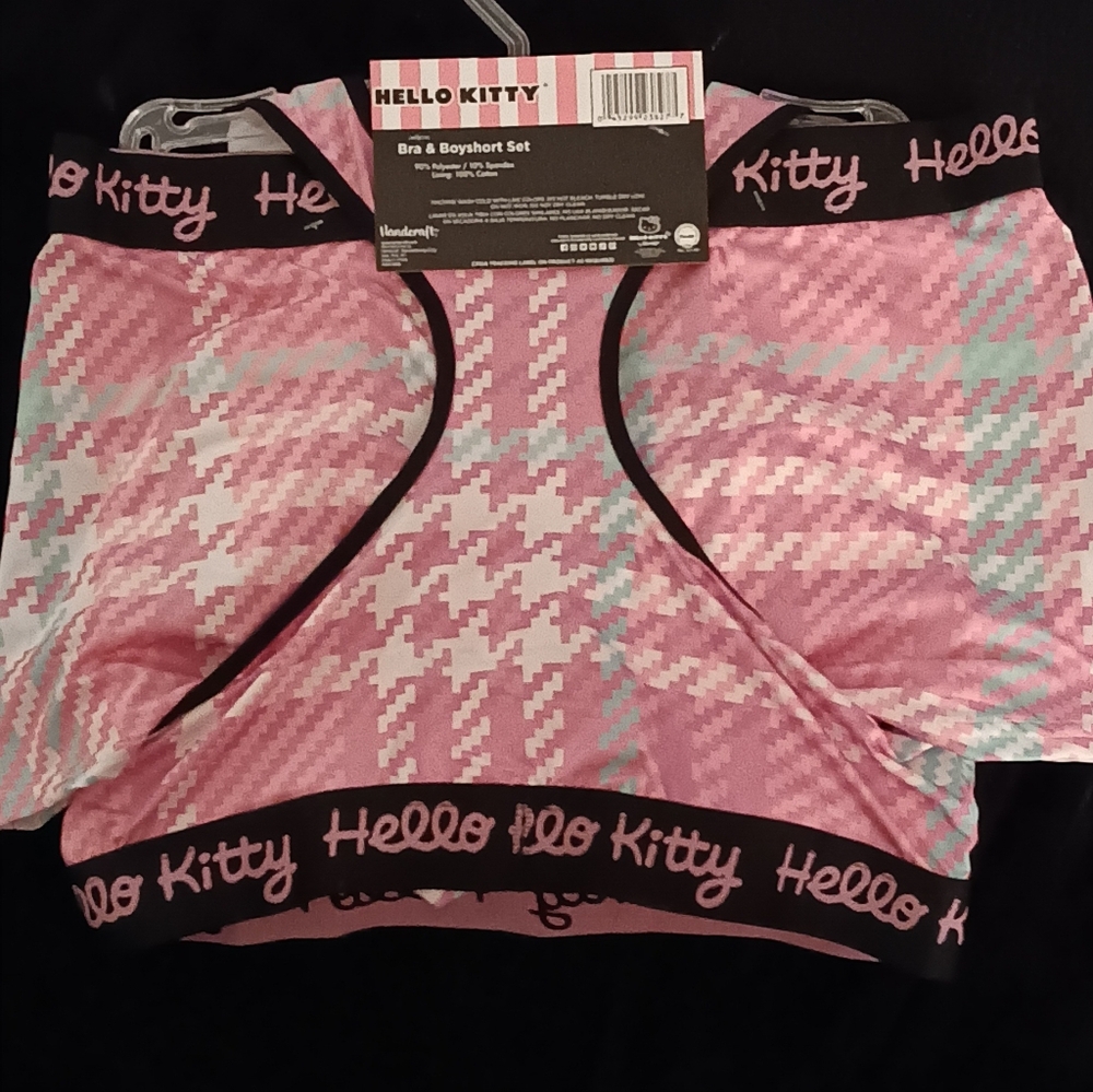 New With Tag Hello Kitty Pink & Green Plaid Bra & Boyshort 2pc Set Women Size XL - Picture 3 of 3
